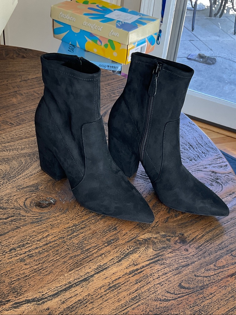 Pointed-Toe Black Suede Ankle Booties with Block Heel